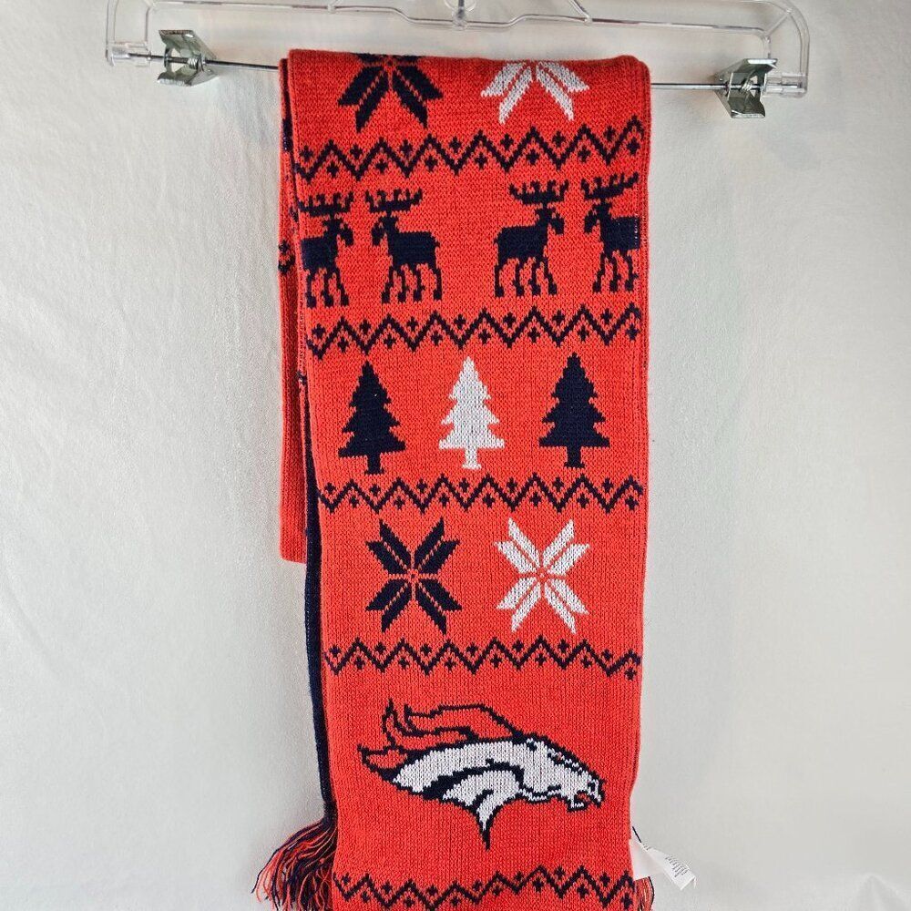 NFL Broncos Scarf Mens Orange Blue Knit Winter Ugly Sweater Logo Fringe Football